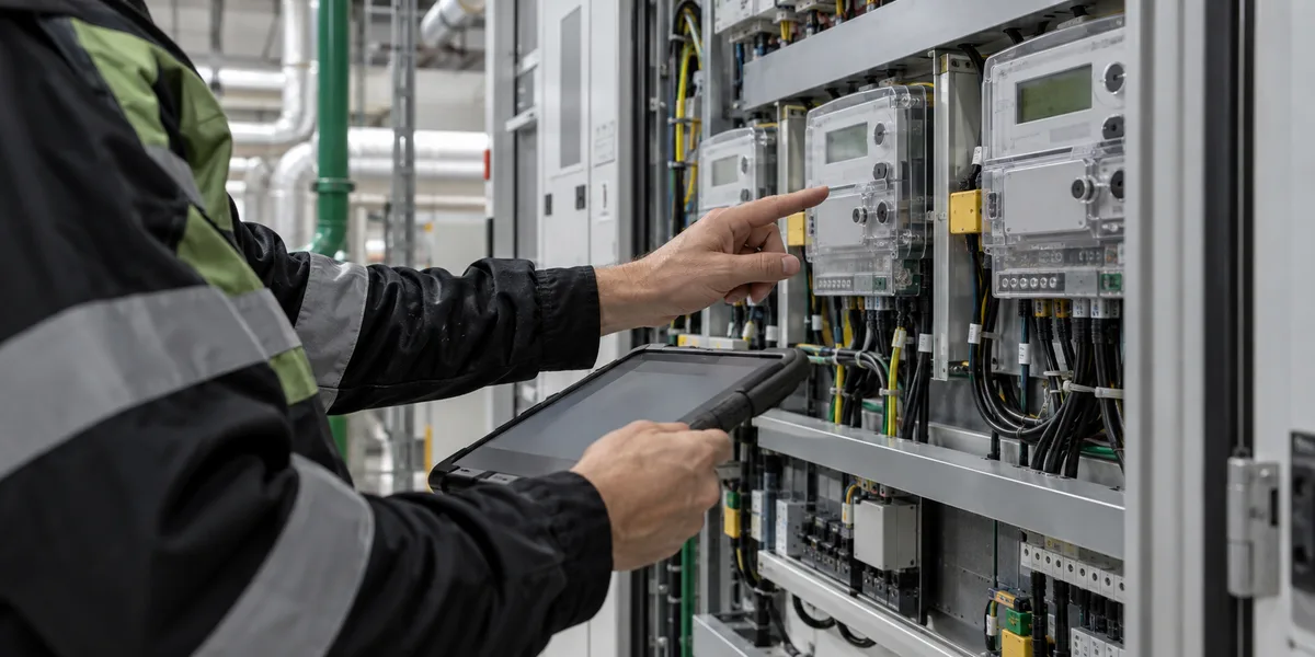 Illustrative engineer reviewing industrial meters